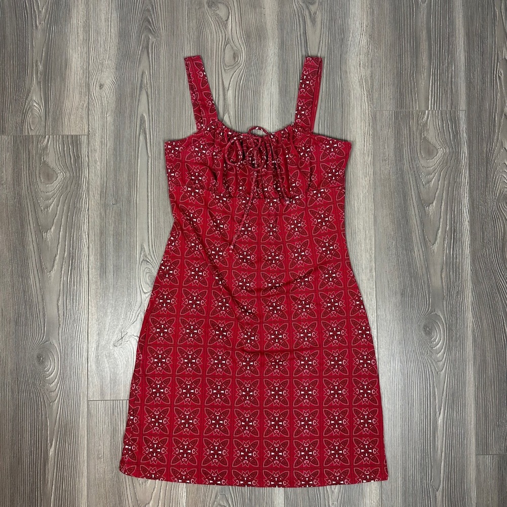 Vintage Y2K 90s Red Bandana‎ Print Mini Dress - SIZE L Festival Concert Western
